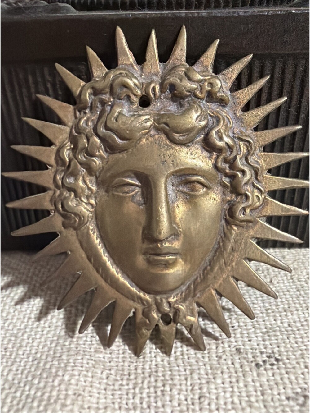 Antique French Brass Furniture Pediment Decoration Sun King Face Apollo 2.25”